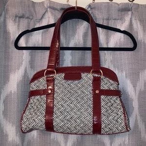 Adorable tweed bag with red patent trim
